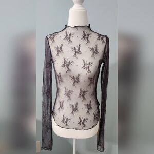 NWT! Listicle Sheer Black Lace Long Sleeve Top (SM)